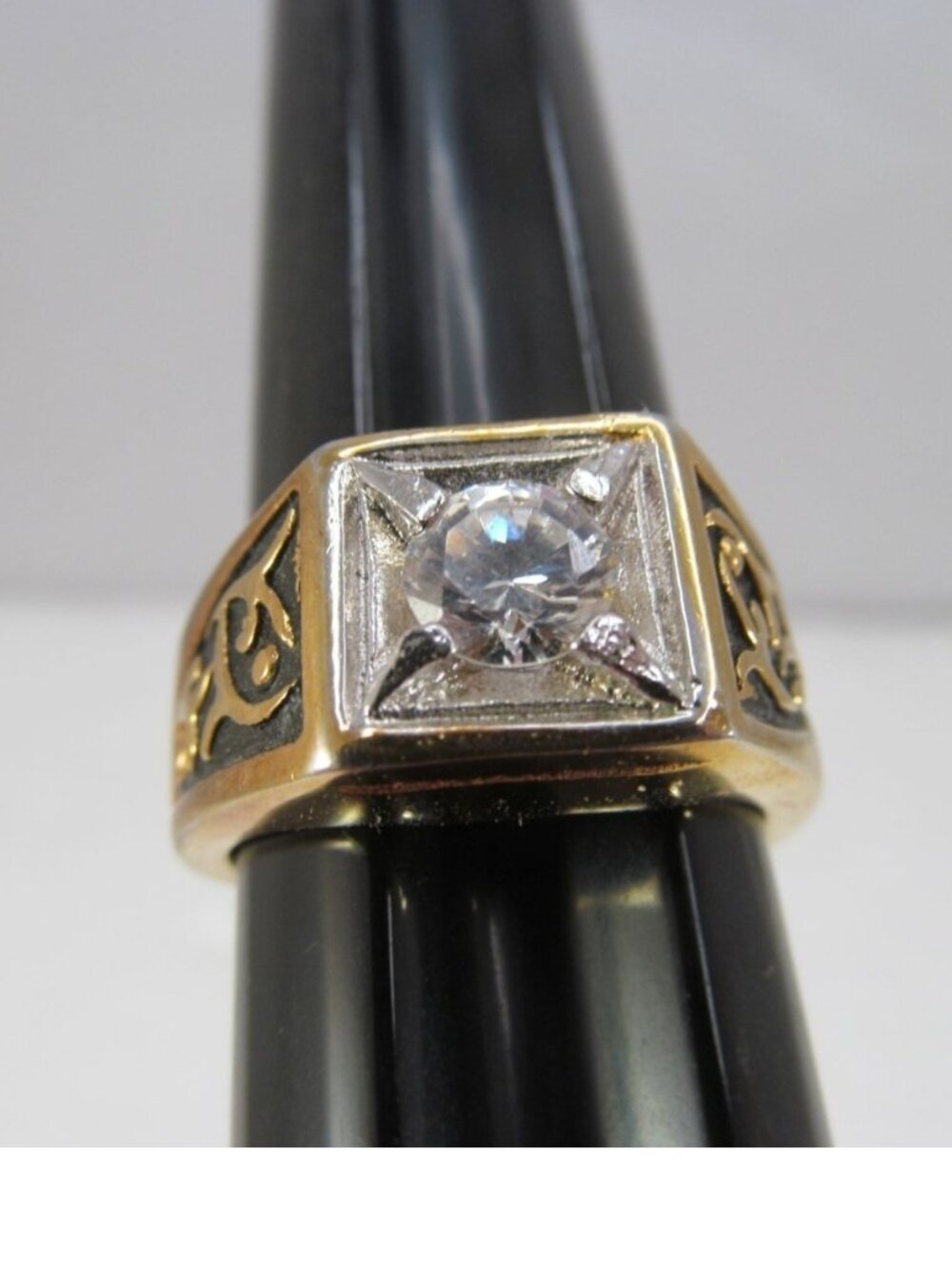 Mens Gold Tone Ring with Round Cut Clear Stone & Intricate Filigree Design 9.25